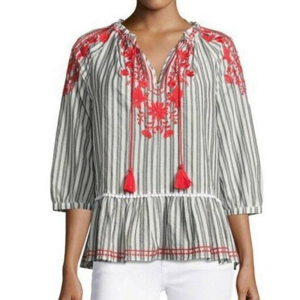 Kate Spade Broome Street Stripe Embroidered Top Ruffle retails Suze Small